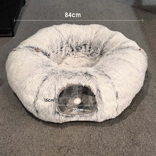 Plush Warm Cat Bed With Tunnel For Indoor Cats Collapsible Donut Cat Playing Sleeping