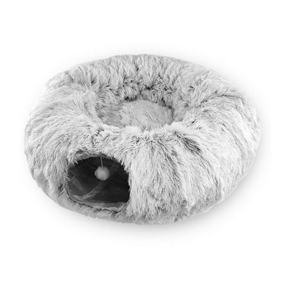 Plush Warm Cat Bed With Tunnel For Indoor Cats Collapsible Donut Cat Playing Sleeping