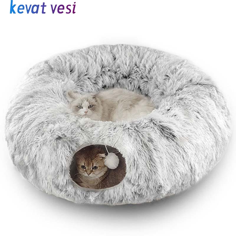 Plush Warm Cat Bed With Tunnel For Indoor Cats Collapsible Donut Cat Playing Sleeping
