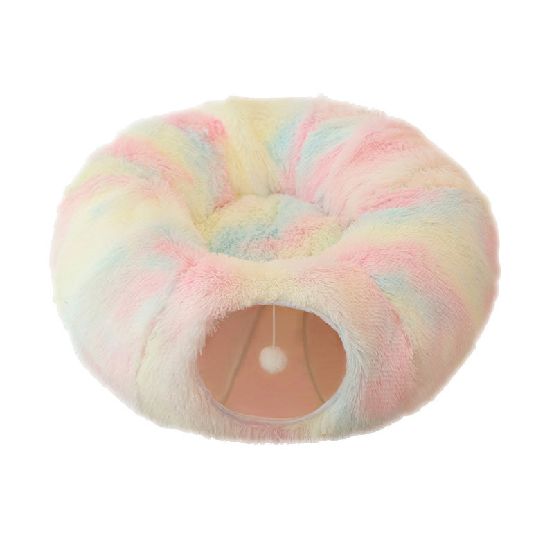 Plush Warm Cat Bed With Tunnel For Indoor Cats Collapsible Donut Cat Playing Sleeping