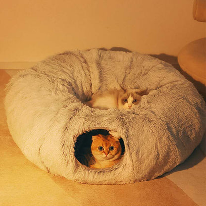 Plush Warm Cat Bed With Tunnel For Indoor Cats Collapsible Donut Cat Playing Sleeping