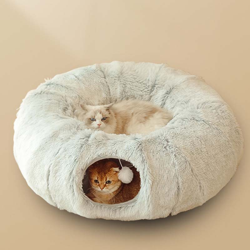Plush Warm Cat Bed With Tunnel For Indoor Cats Collapsible Donut Cat Playing Sleeping